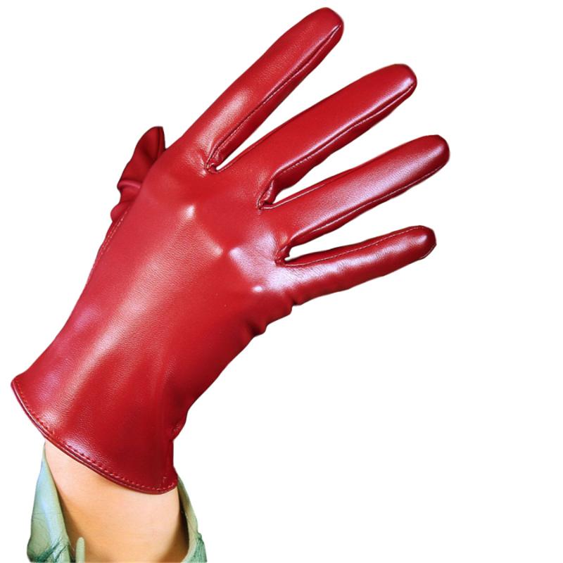 

Short Leather Gloves 21cm Wrist Simulation Leather Imitation Imitation Sheepskin PU Deep Wine Red Crimson PUSH21