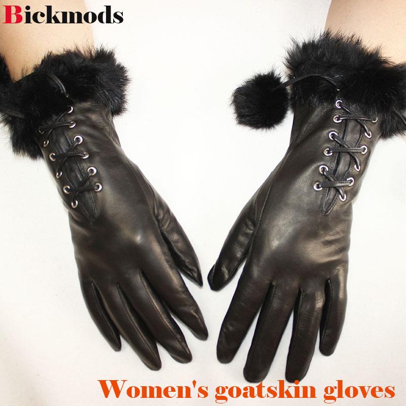 

Leather gloves women's 2020 new high quality goatskin gloves fur thin cashmere lining repaired slim girls style