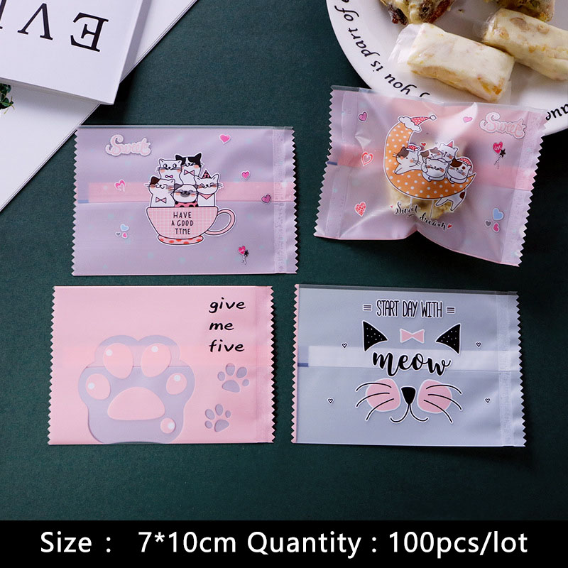 

100pcs/lot Cookies Plastic Packaging Gift Bag Cartoon Cute Cat Claw kitten 4in1 Frosted Baby Shower Handmade Bakery Biscuit Pack