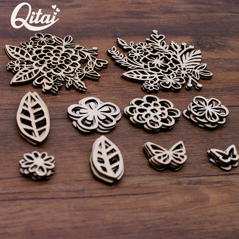 

QITAI 33Pcs/lot Flowers and leaves and butterflies Wood Crafts DIY Scrapbooking Embellishments Home Decoration accessories WF307