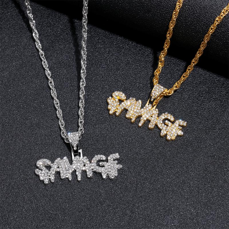 

Luxury Shiny Hip Hop Necklace Gold Color Brass Iced Out Chains Micro Pave Cubic Zircon SAVAGE Pattern Charm Pendant Necklace