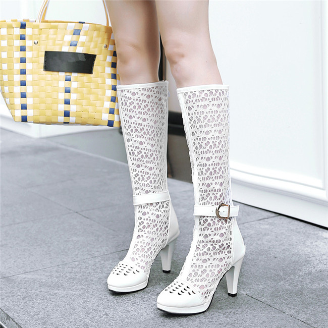 

PXELENA 2020 Autumn Newest Breathable Knee High Boots Women Lace Mesh Stiletto High Heels Fashion Boots Lady Shoes Party 34-43, Short boots white