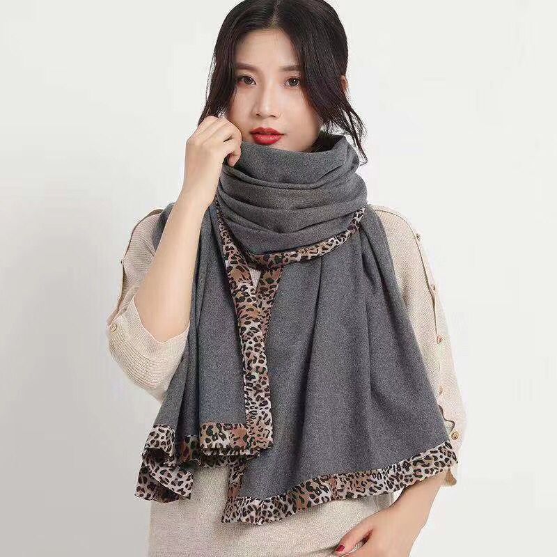 

Luxury imitation wool scarf women,winter cape femme, wool shawl,neck warmer head wrap,plain solid leopard trim scarf