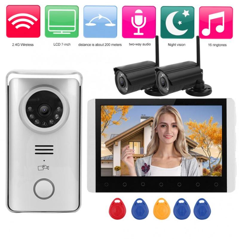 

videocitofono 7in TFT LCD Doorbell 2.4G Wireless Swipes Card Night Vision Visual Doorphone with 2 Surveillance Camera 100-240V