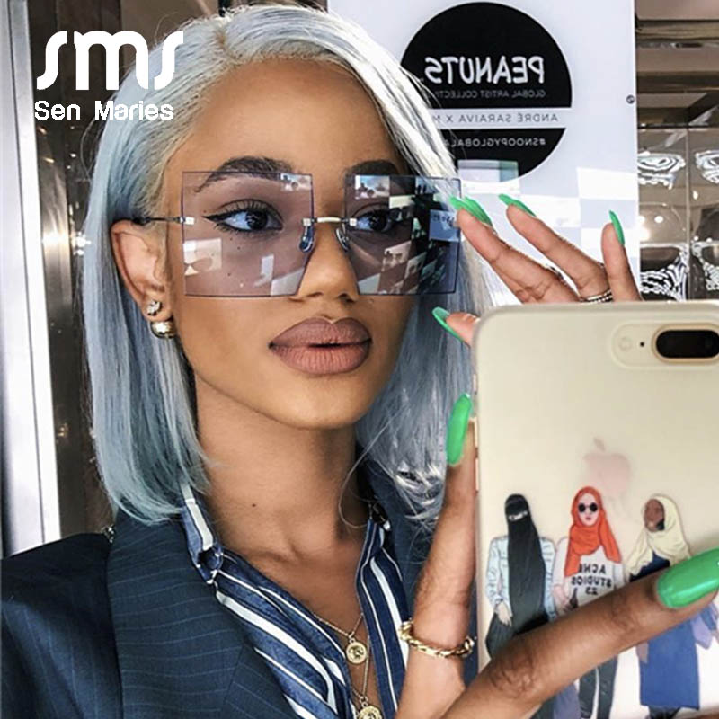 

Oversized Rimless Square Sunglasses Women 2020 New Fashion Flat Top Red Blue Clear Lens One Piece Men Gafas Glasses, White;black