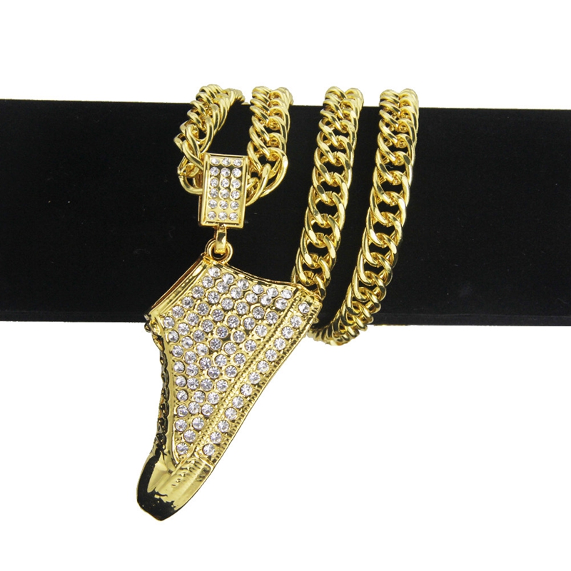 

1PCS Gold Shoes Pendant Necklace Crystal Men's Hip Hop Jewelry Chain Necklace Punk Rock Exaggerated Jewelry Gift, 80cm Length