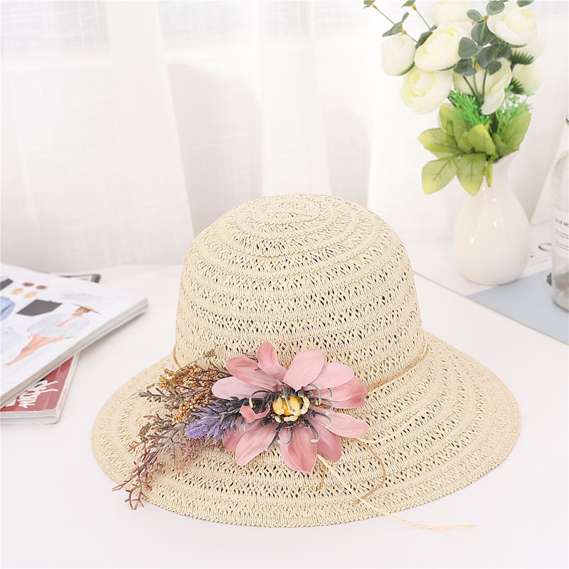 

Newly Women Sun Protective Strawhat Artificial Flower Decor Breathable Bucket Hat DOD886, Pink