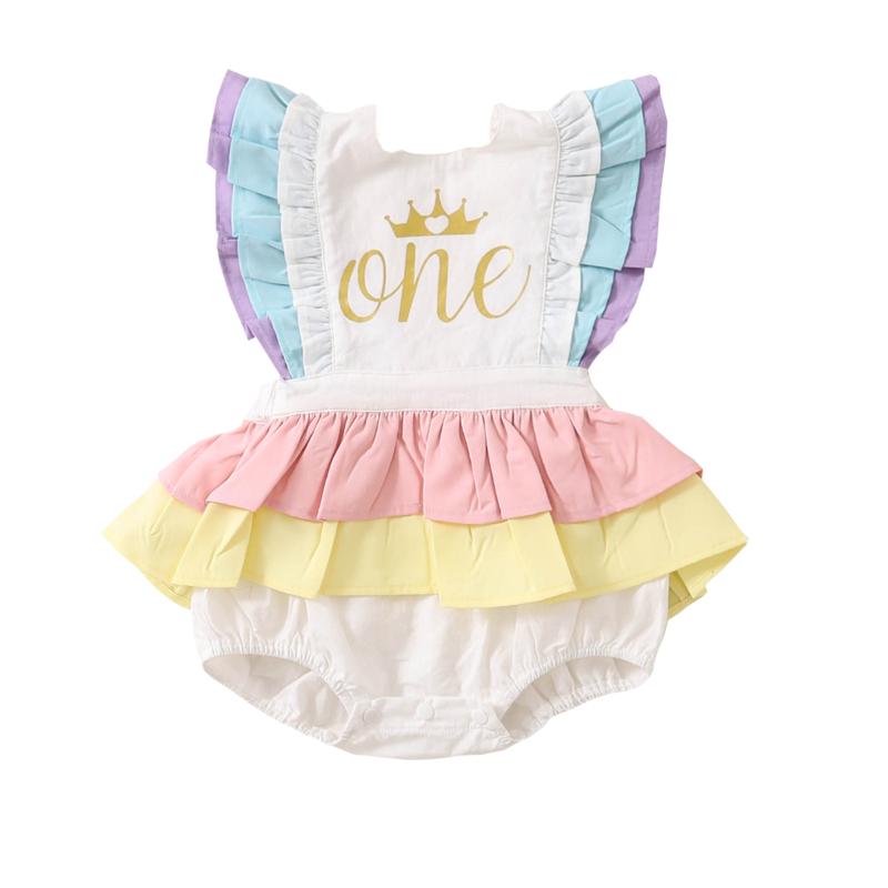 

Infant Newborn Baby Girl Birthday Cotton Romper Ruffled Lace Sleeveless Golden Letter One Crown Jumpsuit Bow Fluffy Skirt, As pic