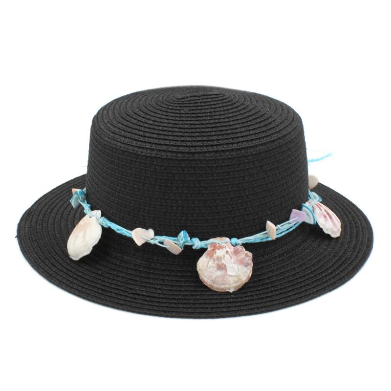 

Mistdawn Summer Women Straw Boater Hat Beach Sailor Porkpie Hat Bowler Flat Top Sun Cap w/ DIY Shell Hatband Size 7 1/8, Black
