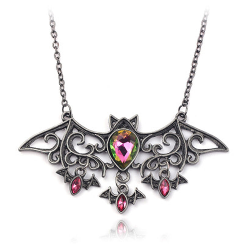 

Vintage Halloween Necklace Alloy Bat Animal Pendant Red Rhinestone Necklaces For Women Men Holiday Jewelry Gifts, 1 PC