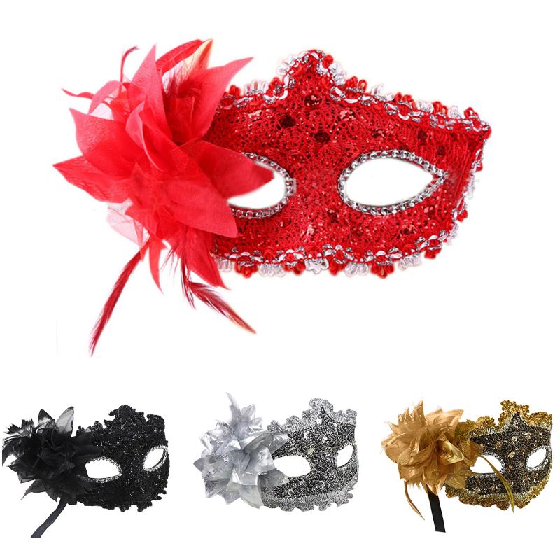 

Fashion Lily Flower Crystal Rhinestones Decor Venetian Lace Face Mask for Halloween /Masquerade /Costume Party (Red