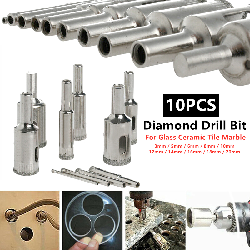 

10pcs/set 3mm-20mm Diamond Glass Drill Bit Marble Ceramic Tile Hole Cutter Bit Set Steel Woodworking Metal Drilling