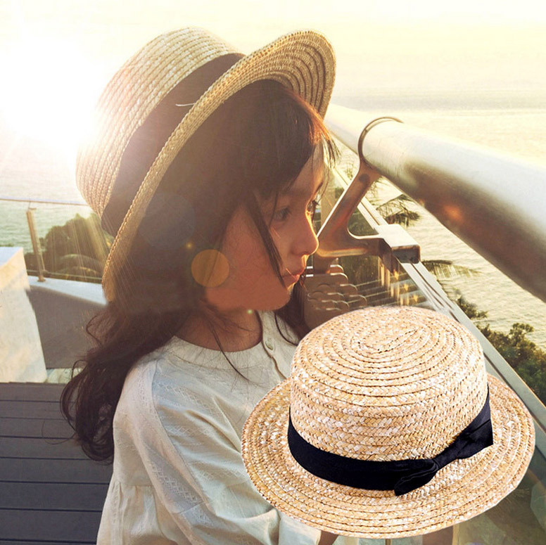 

Cute Child Girls Boy Straw Bowknot Sun Hat Kids Large Brim Beach Summer Boater Beach Ribbon Round Flat Top fedora hat 54CM 10, Kids 54cm