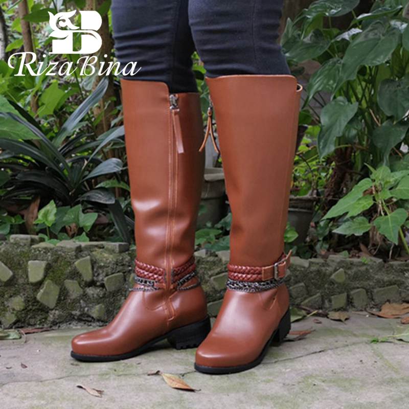 

RIZABINA Mid Calf Boots Women Round Toe Thick Heel Zipper Buckle Chain Ridding Boots Brown Winter Autumn Botas Size 34-43