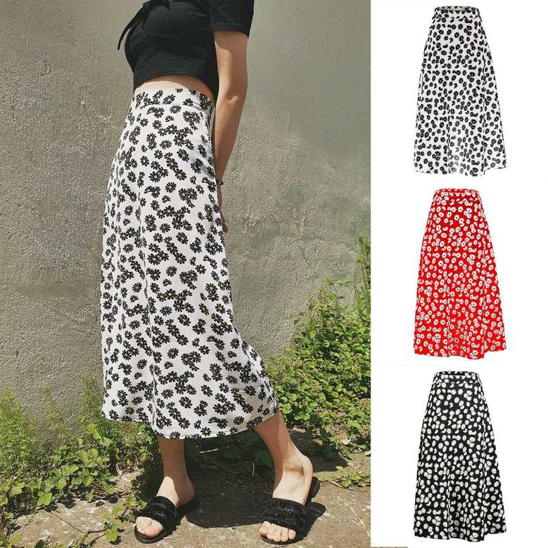

2020 New Floral Print Long Skirt Fashion Slim Small Daisy High Waist Zipper Skirt Women Leopard Chiffon Black White Autumn