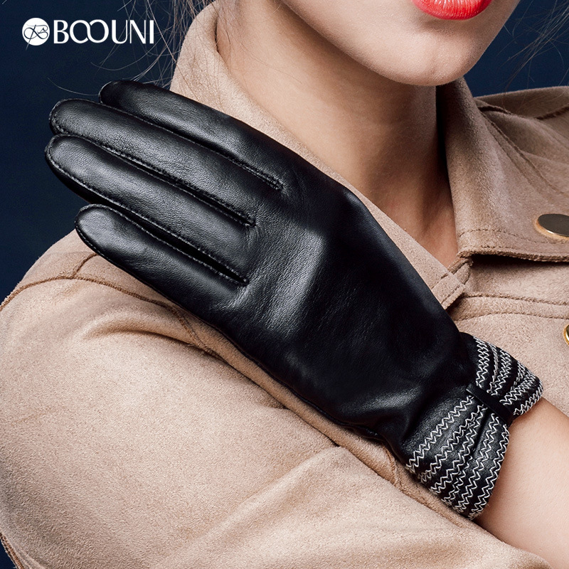 

Five Fingers Gloves BOOUNI Genuine Leather Fashion Women Sheepskin Thermal Winter Velvet Lining Finger Black Driving Glove NW623