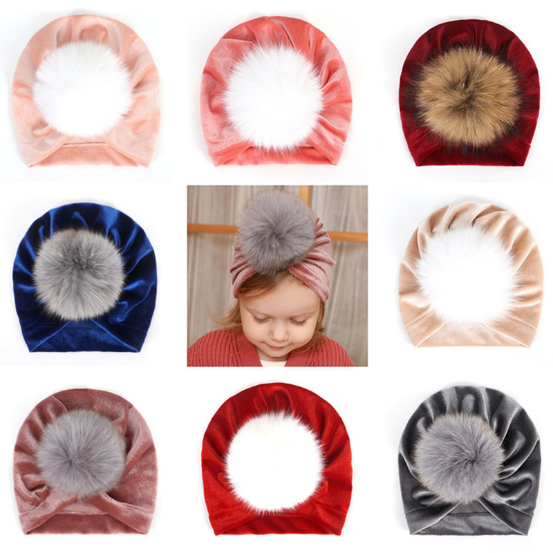 

10pcs/lot Winter Newborn Hats Faux Fur Kids Velvet Unisex Pompom Hats Toddler Ear Warmer Headwear