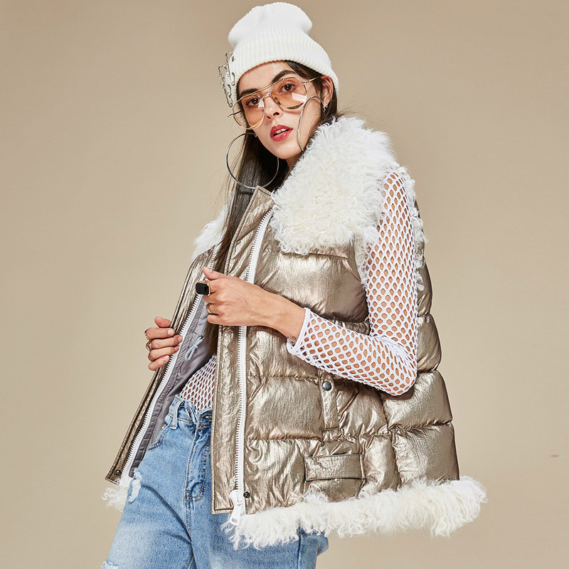 

Special Offer Autumn Winter White Duck Down Metallic High-End Down Jacket Vest Stitching Real Lalambswool Real Women' Jacket, Gold
