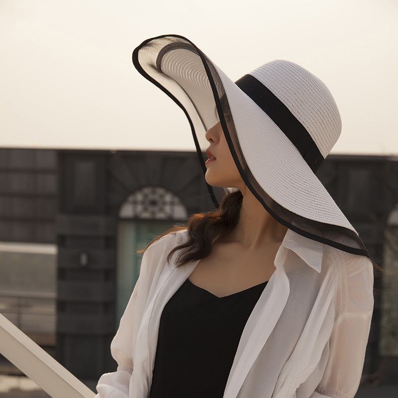 

summer Cool breathable Korean fashion big cute beautiful sun hat Sun protection sunscreen outdoor women beach straw hat, White