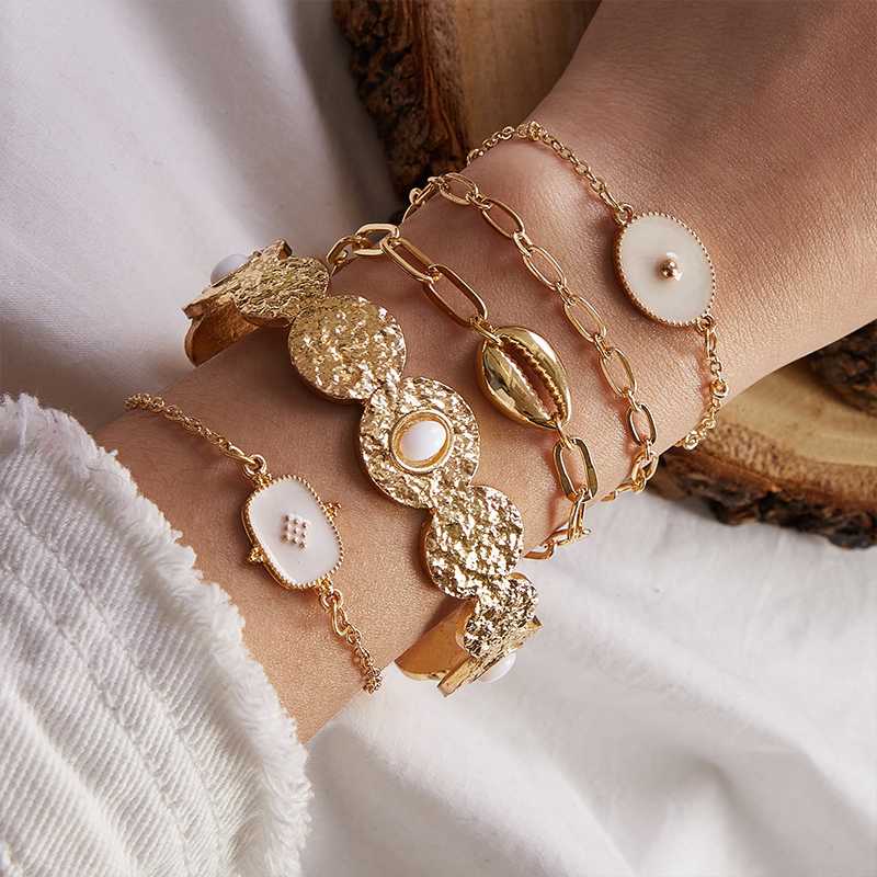 

5Pcs/Set Women Bracelets Set Bohemian Beach Fashion Golden Geometric Gems Chain Shell Bracelet Jewelry Accessories Love Gift