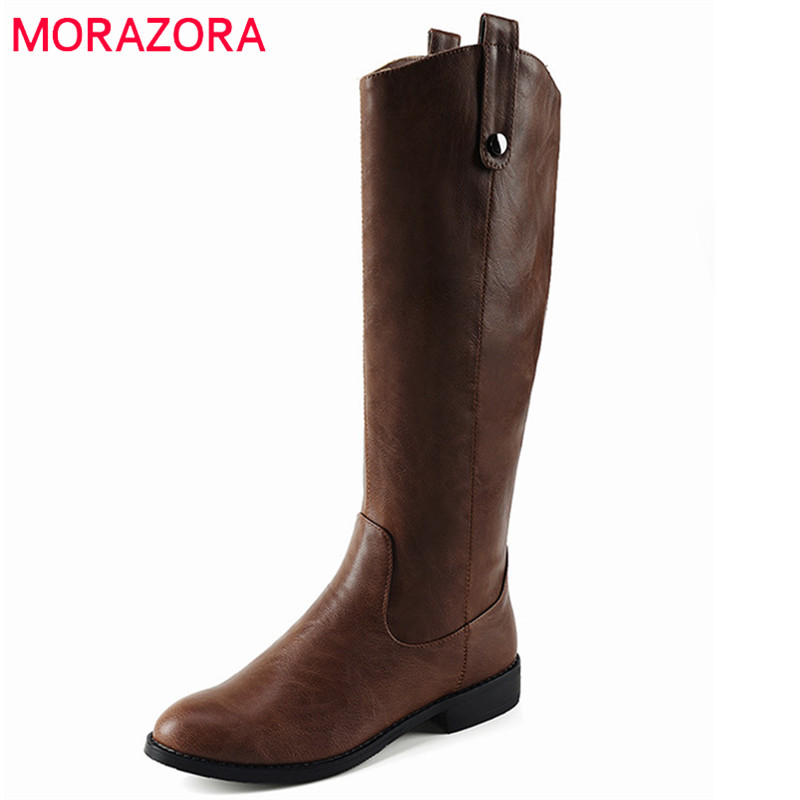 

MORAZORA 2020 big size 43 women knee high boots round toe zipper autumn winter boots comfortable simple low heels shoes woman, Black