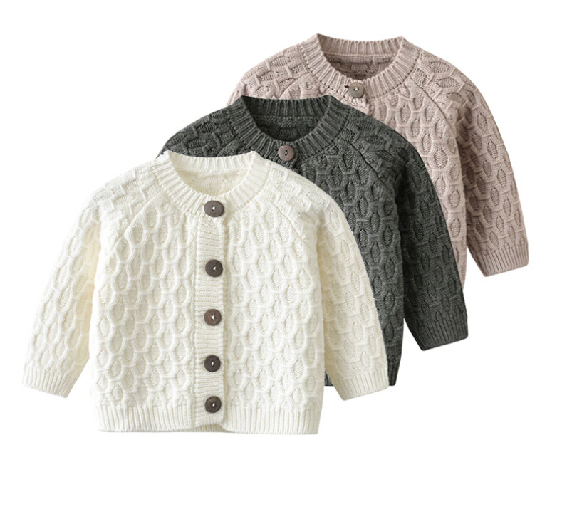 

Infant Baby Girl Knitted Cardigan, Toddler Long Sleeve Round Neck Sweater Diamond-shaped Pattern Solid Outer Wear Winter Warm, Beige