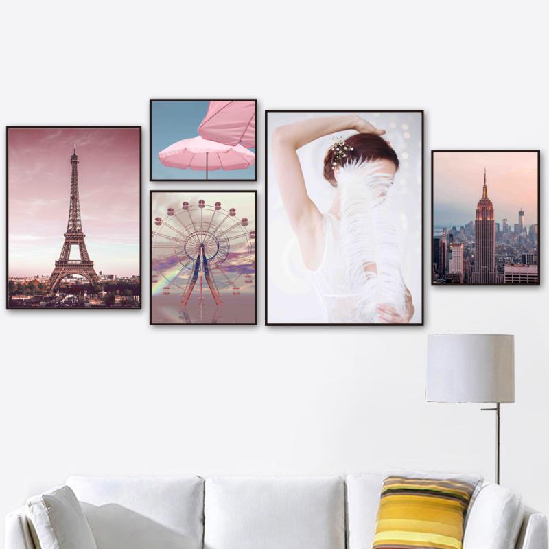 

Pink Empire State Building Paris Tower Wall Art Canvas Painting Nordic Posters And Prints Wall Pictures For Living Room Decor