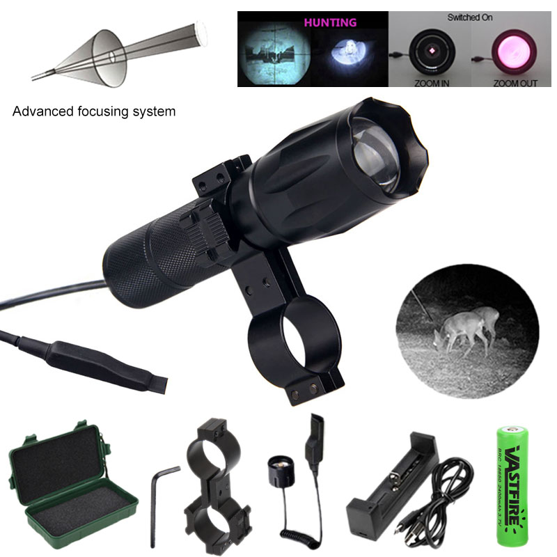 

IR-A100 7W 940nm Night Vision Hunting Infrared Zoomable IR Light+Switch+Rifle Scope Mount+18650+Charger+Case