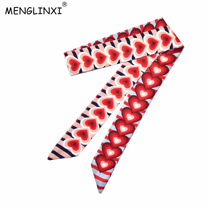 

2020 New Design 120cm Heart Print Scarf Small Women Silk Scarf Brand Bag Hair Ribbons Fashion Head Long Scarves
