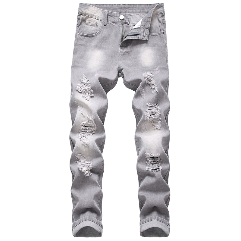 

Men ripped jeans gray slim straight men non-stretch trousers destroyed brand high quality hole grey jeans male