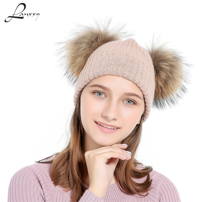 

Lanxxy Real Pompom Cap Women Winter Hats Girls Knitted Wool Cotton Hats Two Pom Poms Skullies Beanies Bonnet Female Cap, Pink