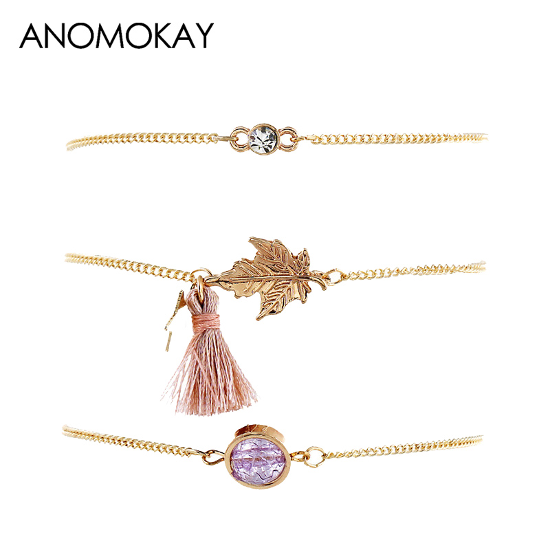 

3Pcs/Lot European & American Fashion Creative Tassel Leaf Women's Wrap Bracelet Gold Color Link Chain Bead Bracelet Set Jewelry