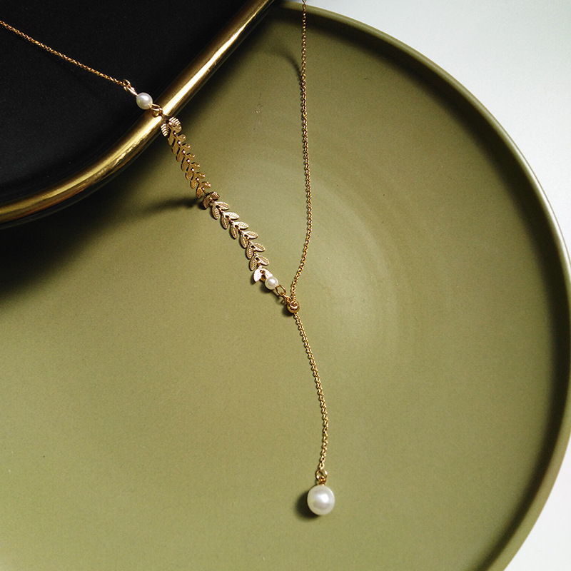 

Japan Korea Golden Dainty Adjustable Long Tassel Wheat Necklace For Women Pearl choker collares
