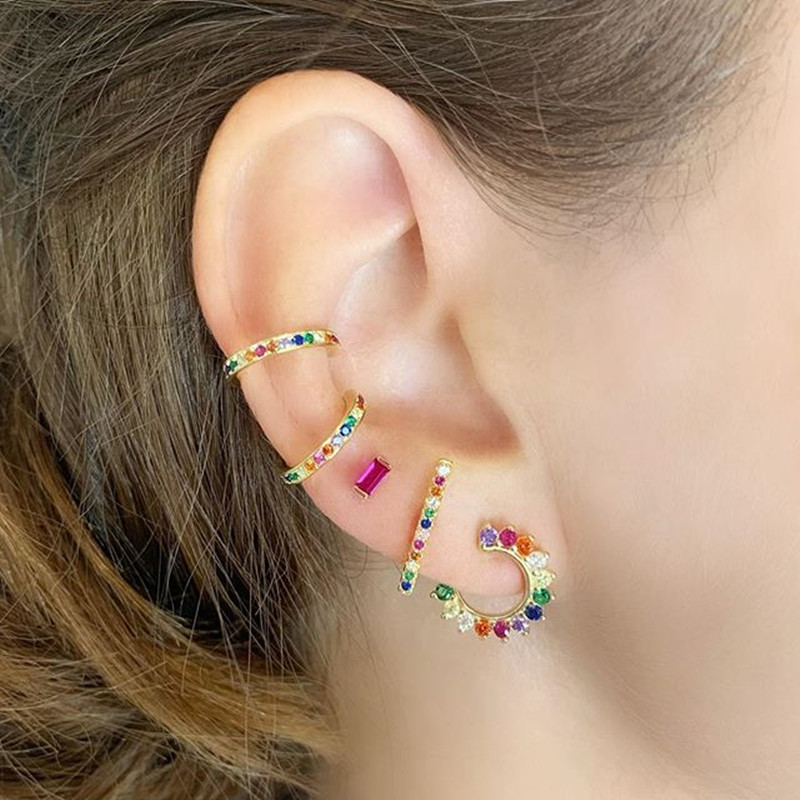 

925 Sterling Silver Minimal Girl Multi Hoop Piercing Earring Climber Paved Rainbow cz Korean Jewelry 925 Silver Original