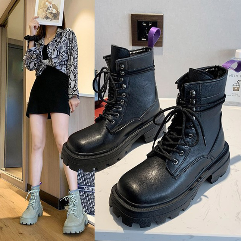 

Women Flat Platform Boots Female Solid Lace Up Ankle Non-slip PU Leather Black Shoes Commute Elegant Cool Autumn Fashion 2020, Bk