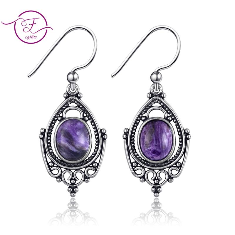 

925 Sterling Silver Earrings Retro Texture Large Oval 8X10MM Moonstone Charoite Beads Earrings Wedding Party gemstone