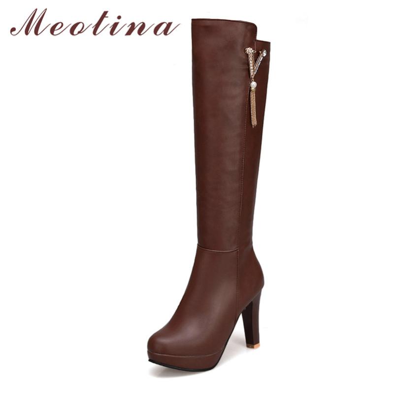 

Meotina Winter Knee High Boots Women Crystal Platform Block Heels Long Boots Zipper Extreme High Heel Shoes Lady Autumn Size 43, Black