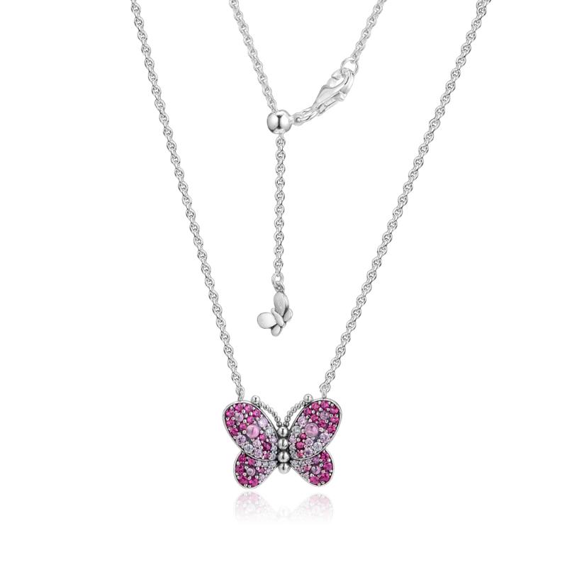 

CKK Necklace Dazzling Pink Butterfly Kolye Choker Women Jewelry Collares 925 Sterling Silver Chain Colar bijoux Femme Collier