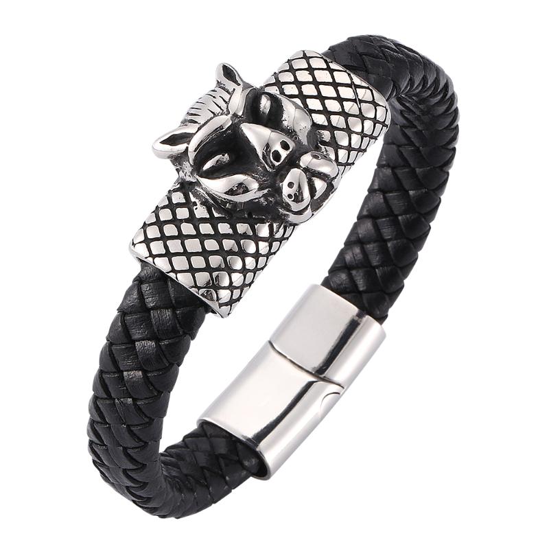 

Vintage animal head men's black woven leather bracelet Stainless steel magnetic buckle fashion charm bracelet 7-SP0282