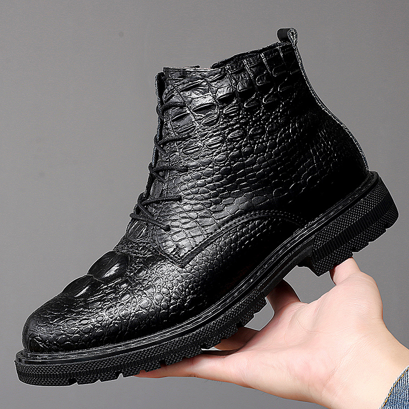 

men's big size casual party nightclub wear ankle boots alligator grain cow leather shoes platform spring autumn boot sapatos man, Black