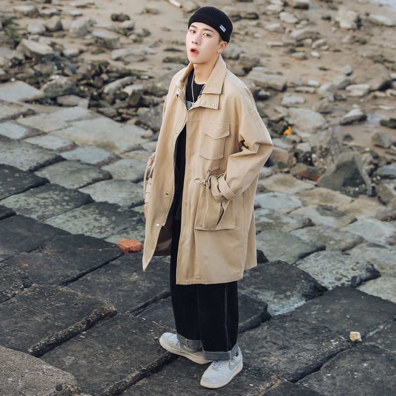 

Autumn Korean Style Trench Men's Fashion Solid Color Casual Long Coat Men Streetwear Loose Windbreaker Jacket Mens Overcoat, Army green