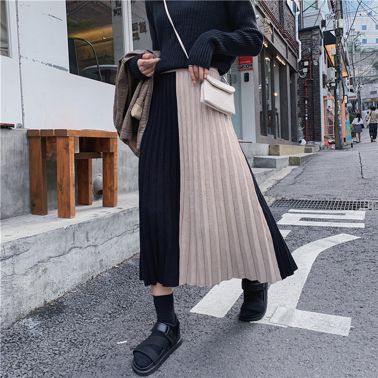 

New Style for Autumn and Winter Knitted Skirt Stitching Striped Woolen Pleated Skirt Retro Thick Wool Midi A- line, As photo
