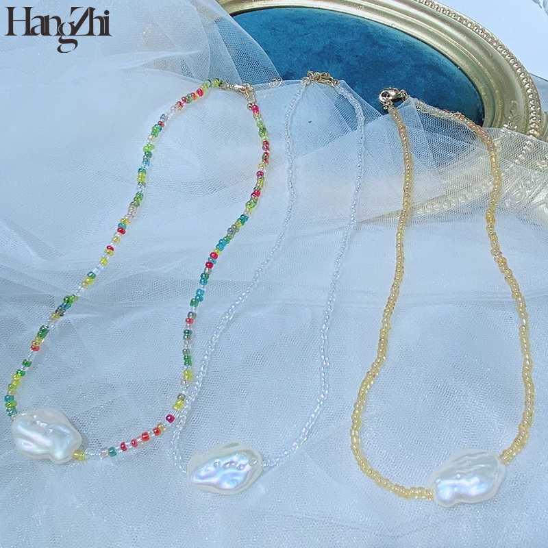 

HangZhi 2020 New Korea Ethnic Colorful Transparent Irregular Crystal Resin Beaded Pearls Pendant Necklace for Women Jewelry Gift