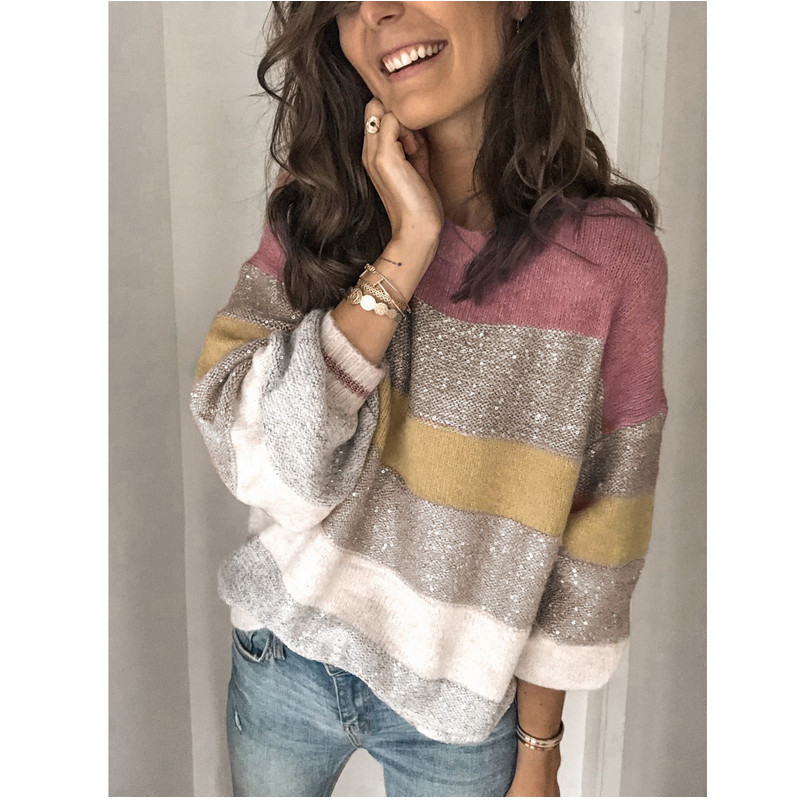 

Striped Sequin sweaters women winter 2020 jumpers knitted clothes fashion Loose Casual striped oversized pullover female sale, Blue