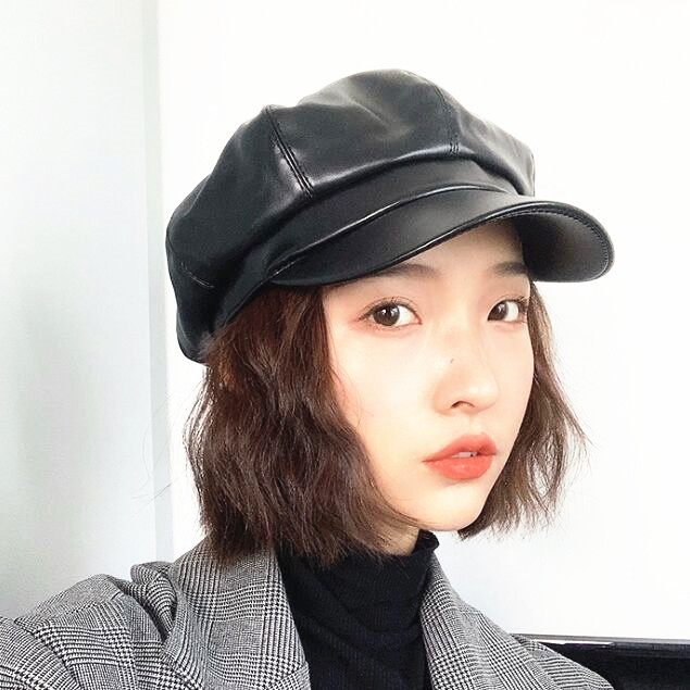 

Solid Artificial faux leather breret caps for women Autumn lady artist octagonal hats Curved visor hat gorras, Black