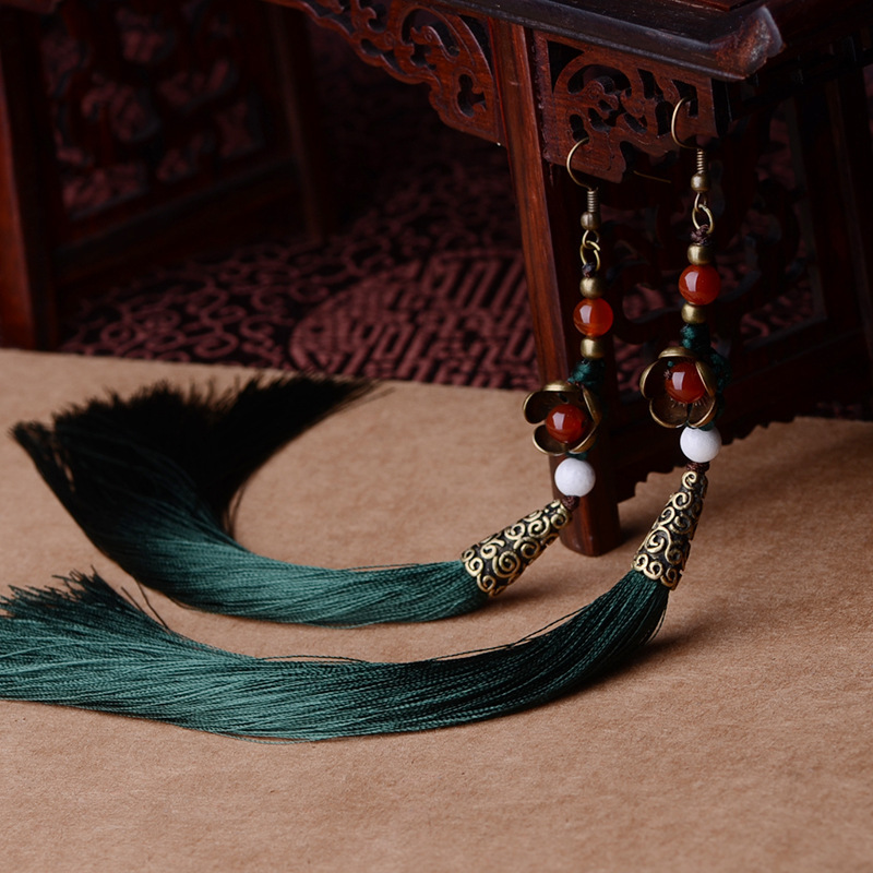 

Exaggerate Ethnic vintage earrings long fringe earrings green,Handmade Chinese wind stone Jewelry tassel for women