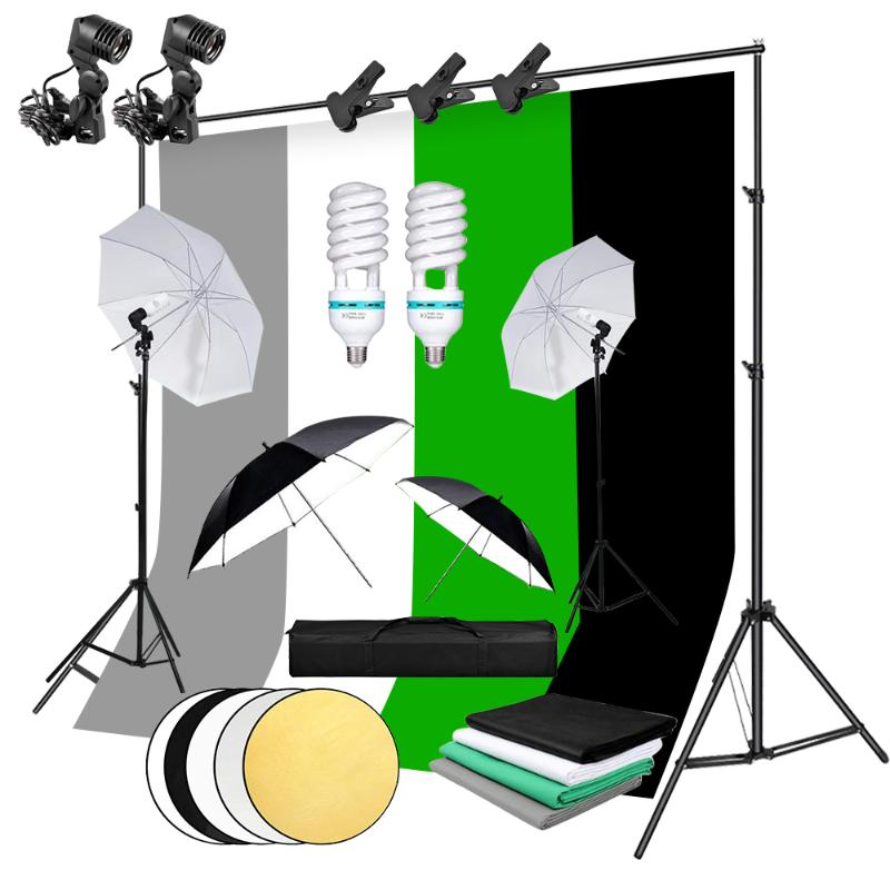 

Photo Studio Umbrella Continuous Lighting Backdrop Kit 2*3m Background Frame 135W Light Bulb 4 Backdrop Cloth 5 in 1 Reflector