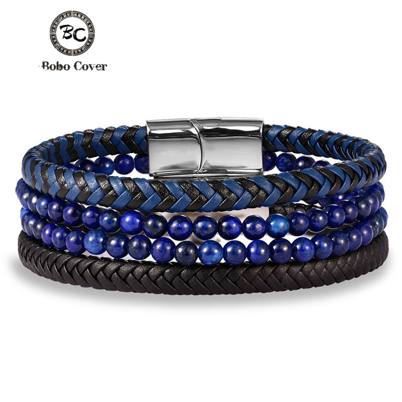 

Couple Natural Stone Genuine Leather Bracelet Male Black Stainless Steel Clasp Multilayer Bead Bracelets Women Men Jewelry Gifts