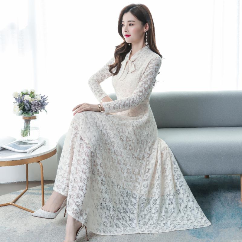 

2020 Vintage Solid Lace Lady Maxi Dresses Autumn Winter 3XL Plus Size Long Sleeve Midi Dress Elegant Women Bodycon Party Vestido, Black