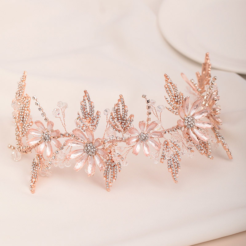 

GETNOIVAS Luxury Hairband Rose Gold Color Big Flowers Leaves Headband Bride Wedding Party Headpeice Hair Jewelry Accessories
